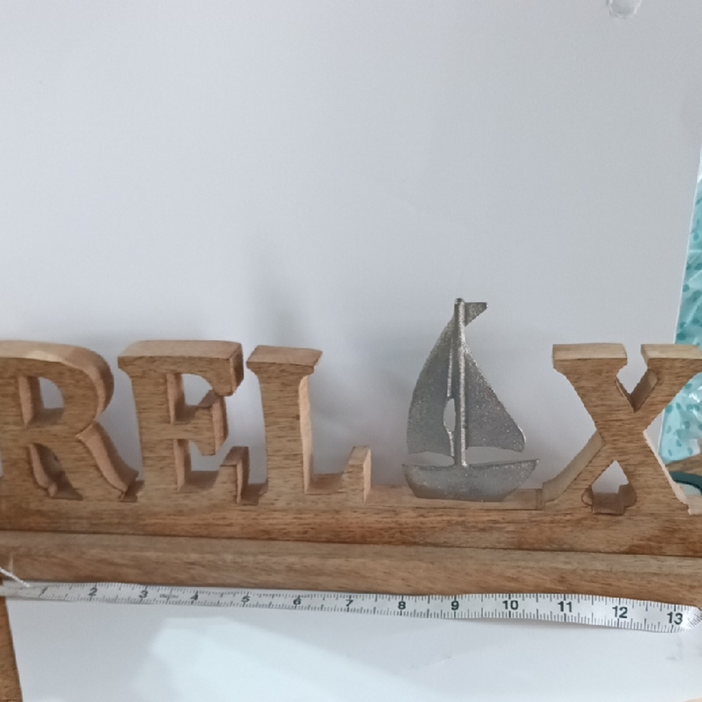 Wooden 'Relax' Sign with Silver Sailboat Accent